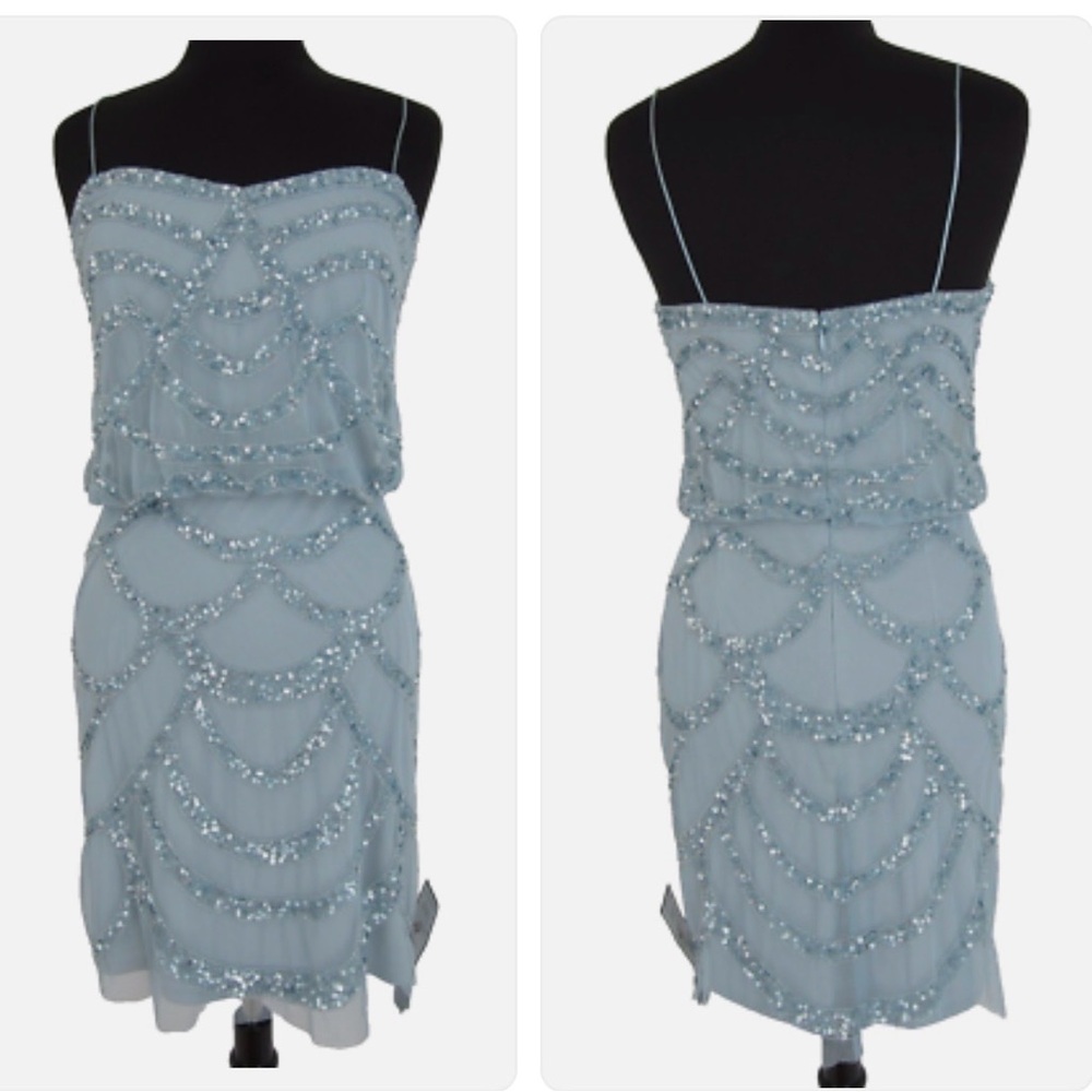 AIDAN MATTOX Baby Blue Mesh Deco Sequins Blouson Party Dress size 0